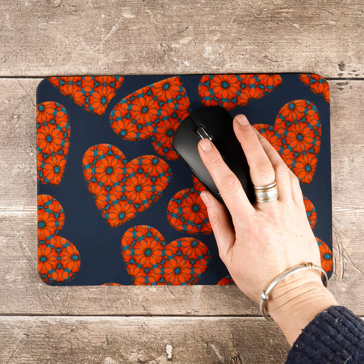SALE - Moroccan Flower Hearts Mouse Mat - Red Blue (small)