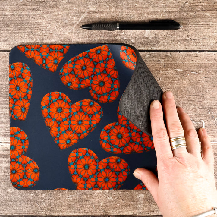 SALE - Moroccan Flower Hearts Mouse Mat - Red Blue (small)