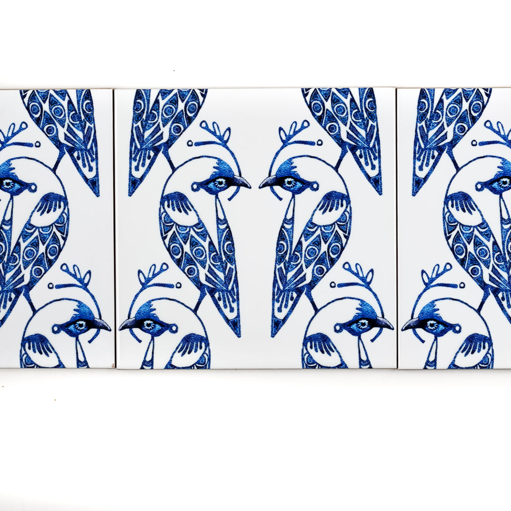 Lovebirds Tile - Blue &amp; White