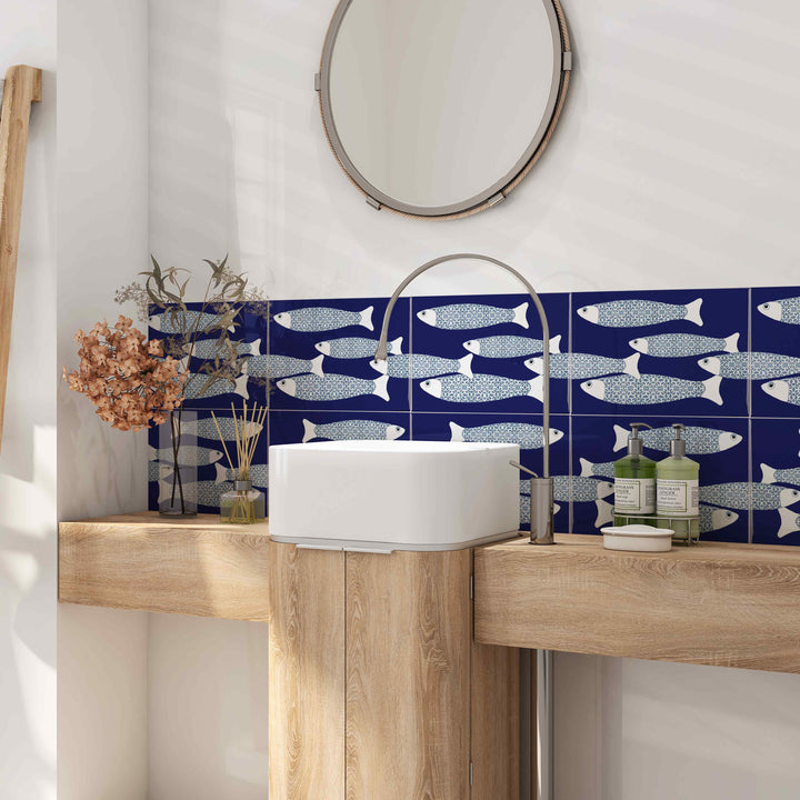 Navy Blue Ocean Shoal - Border version - Large Rectangular Tile - 30x20cm (12x8 inches)