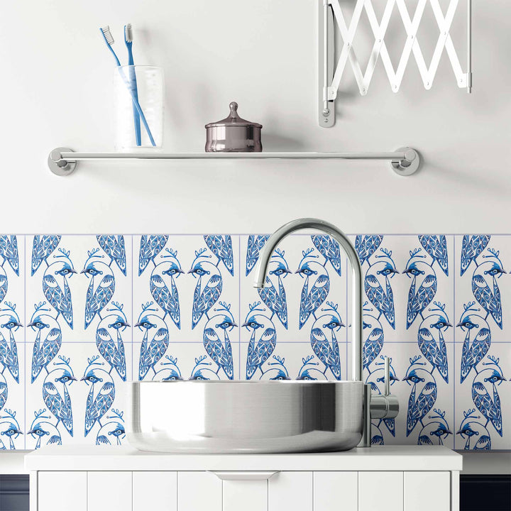 Lovebirds Tile - Blue &amp; White