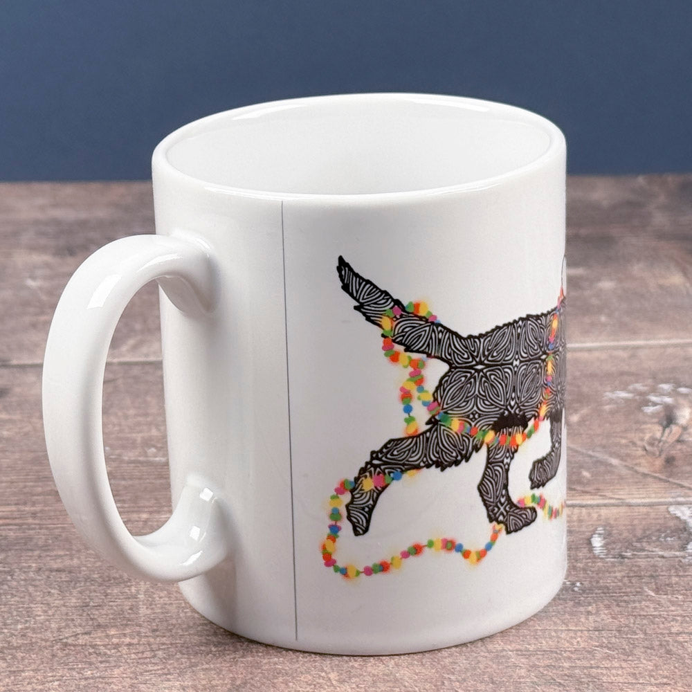 SALE SECOND - Christmas Labradoodle ceramic mug - black dog with hat &amp; fairy lights