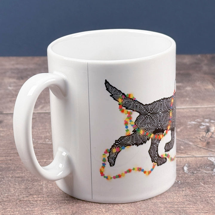 SALE SECOND - Christmas Labradoodle ceramic mug - black dog with hat &amp; fairy lights