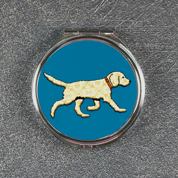 SALE - Labradoodle (Blonde on Teal) - Circular Compact Folding Mirror