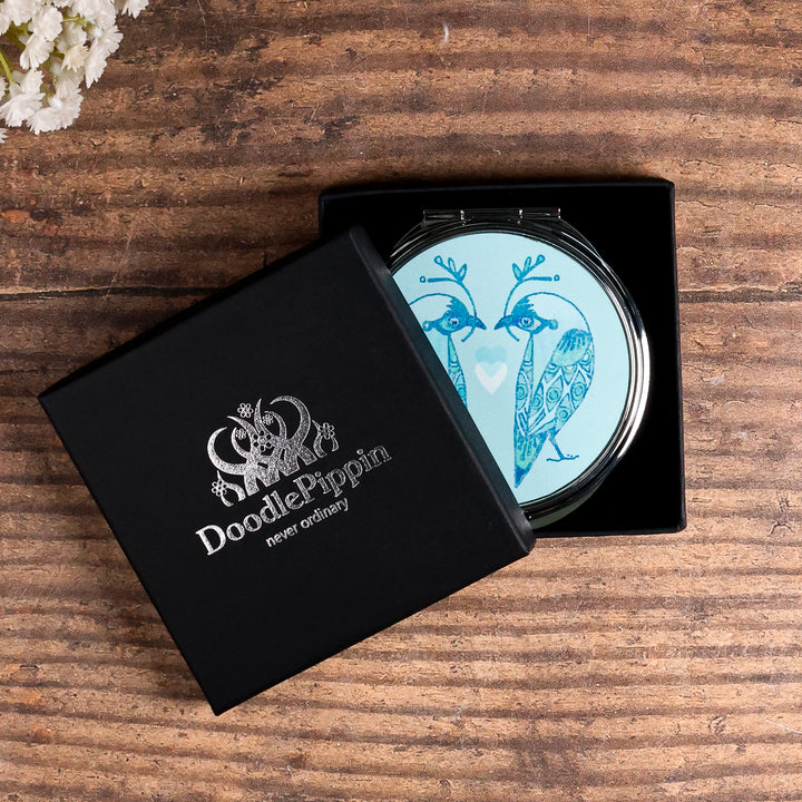 Lovebirds Folding Mirror and Lens Cloth - Blue Lovebirds