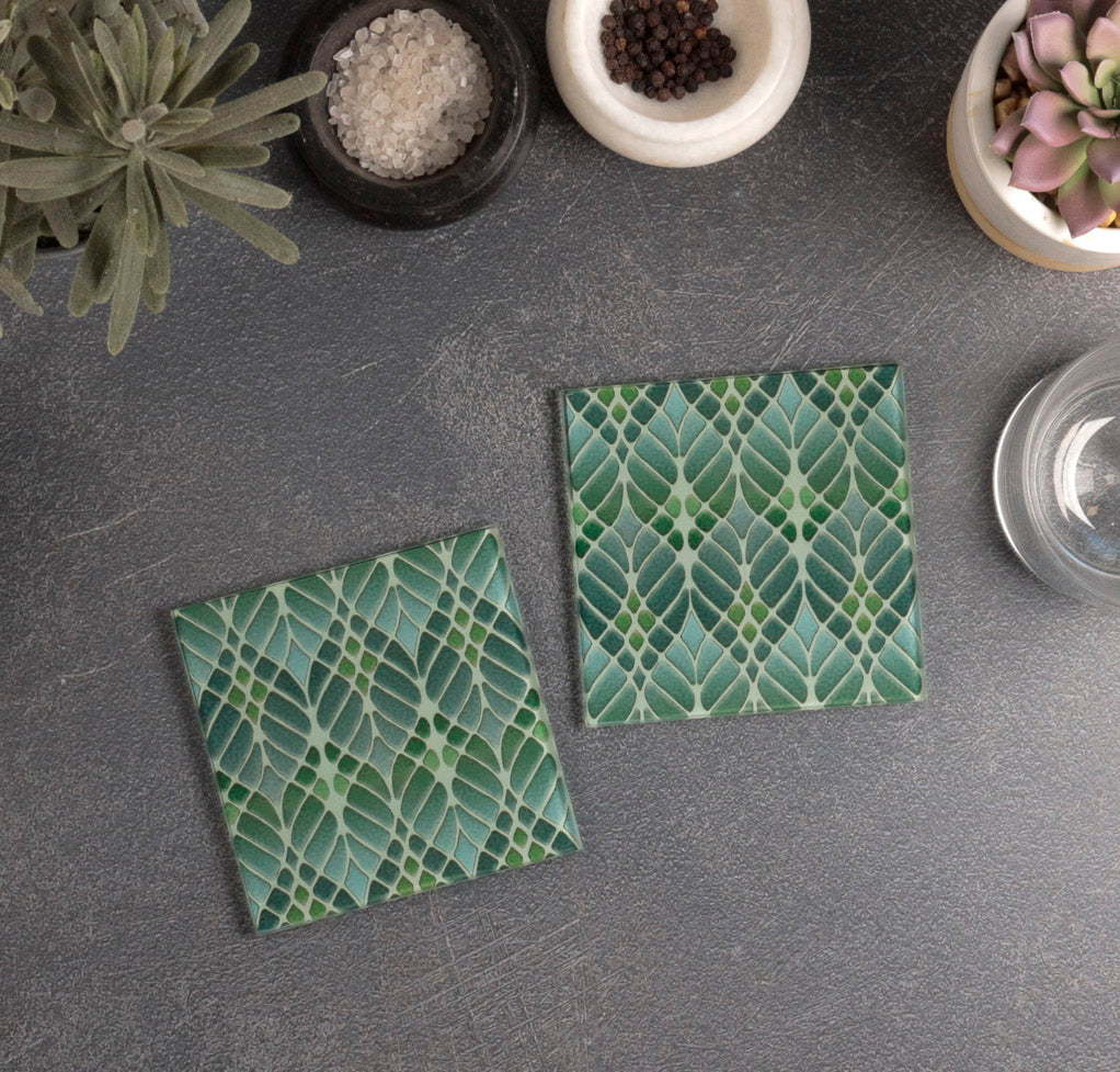 SALE SET of 8x Interwoven Trees Glass Coaster Set - Muted Greens