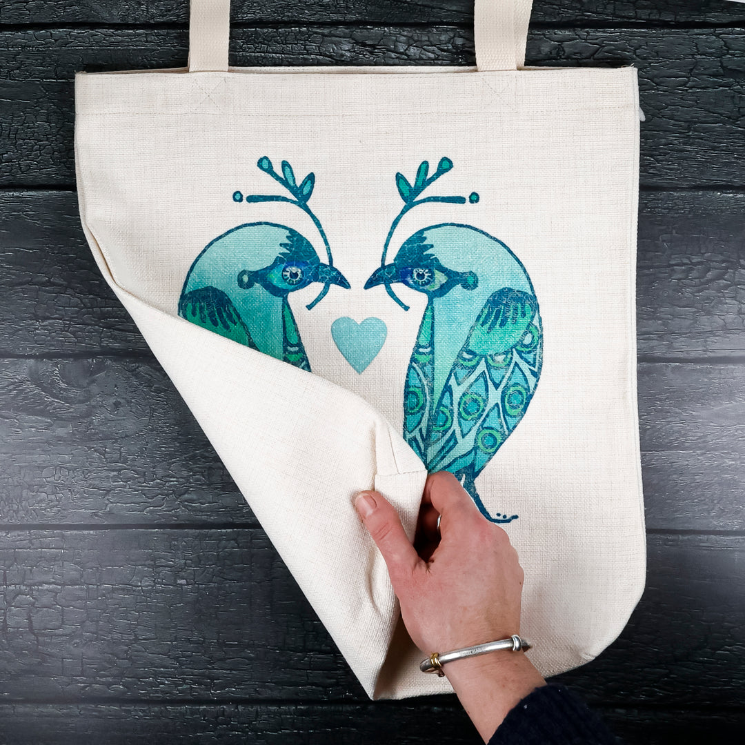 SALE - Turquoise Lovebirds Canvas Tote Bag