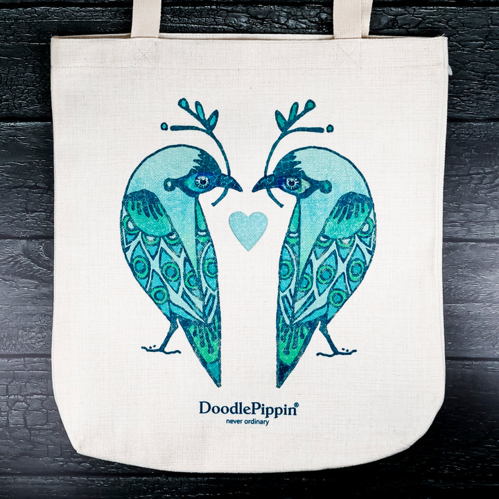 SALE - Turquoise Lovebirds Canvas Tote Bag