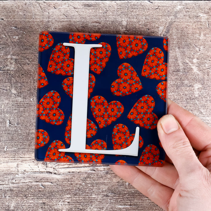 SALE - Moroccan Flower Hearts Square Glass Coasters - LOVE set