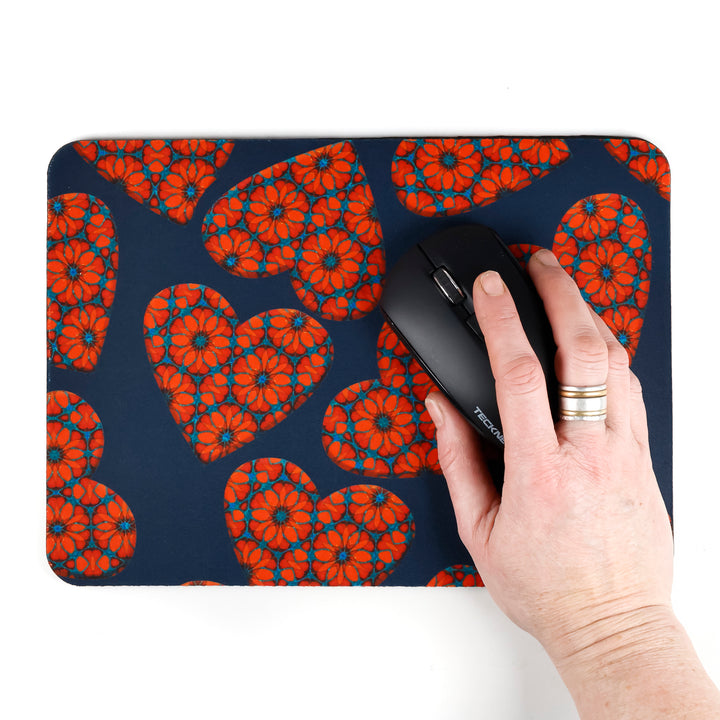 SALE - Moroccan Flower Hearts Mouse Mat - Red Blue (small)