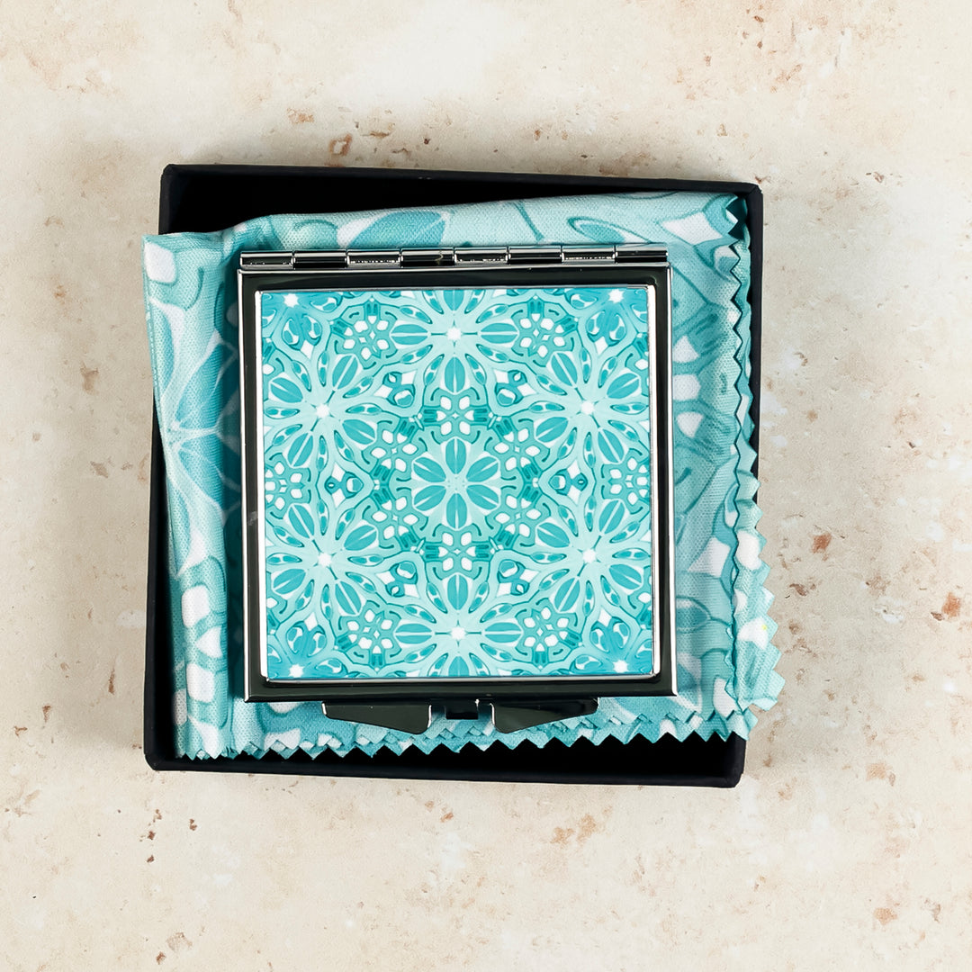 SALE - Turquoise Blue Turkish Flower Compact Folding Mirror (square)