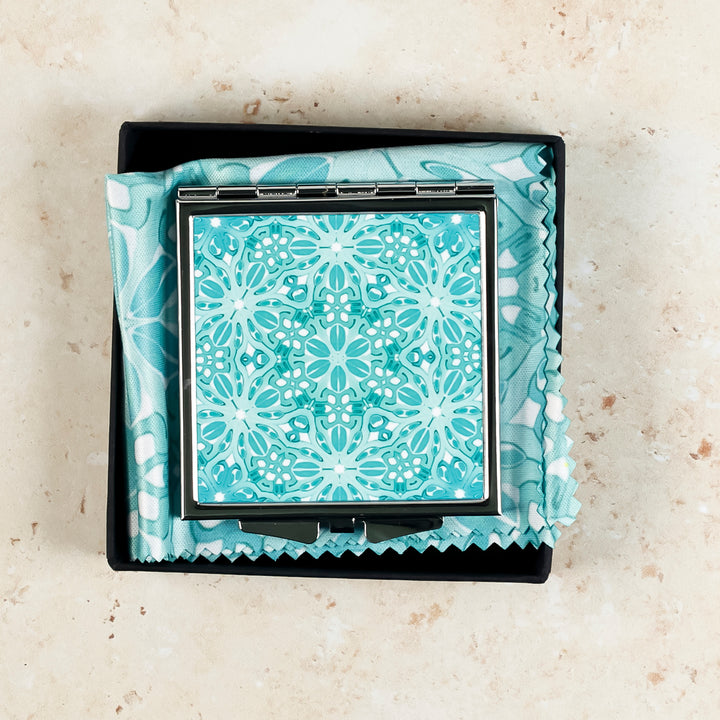 SALE - Turquoise Blue Turkish Flower Compact Folding Mirror (square)
