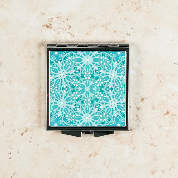 SALE - Turquoise Blue Turkish Flower Compact Folding Mirror (square)