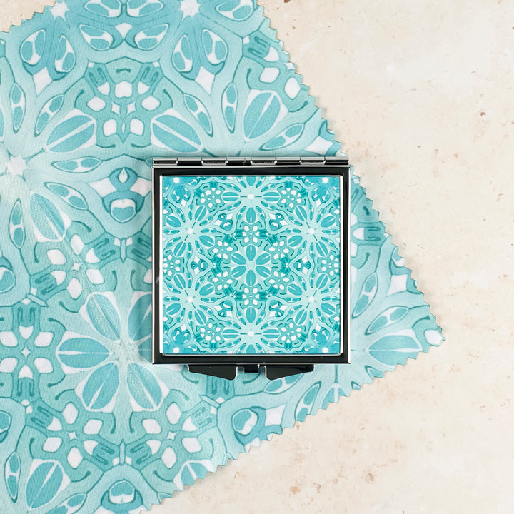SALE - Turquoise Blue Turkish Flower Compact Folding Mirror (square)
