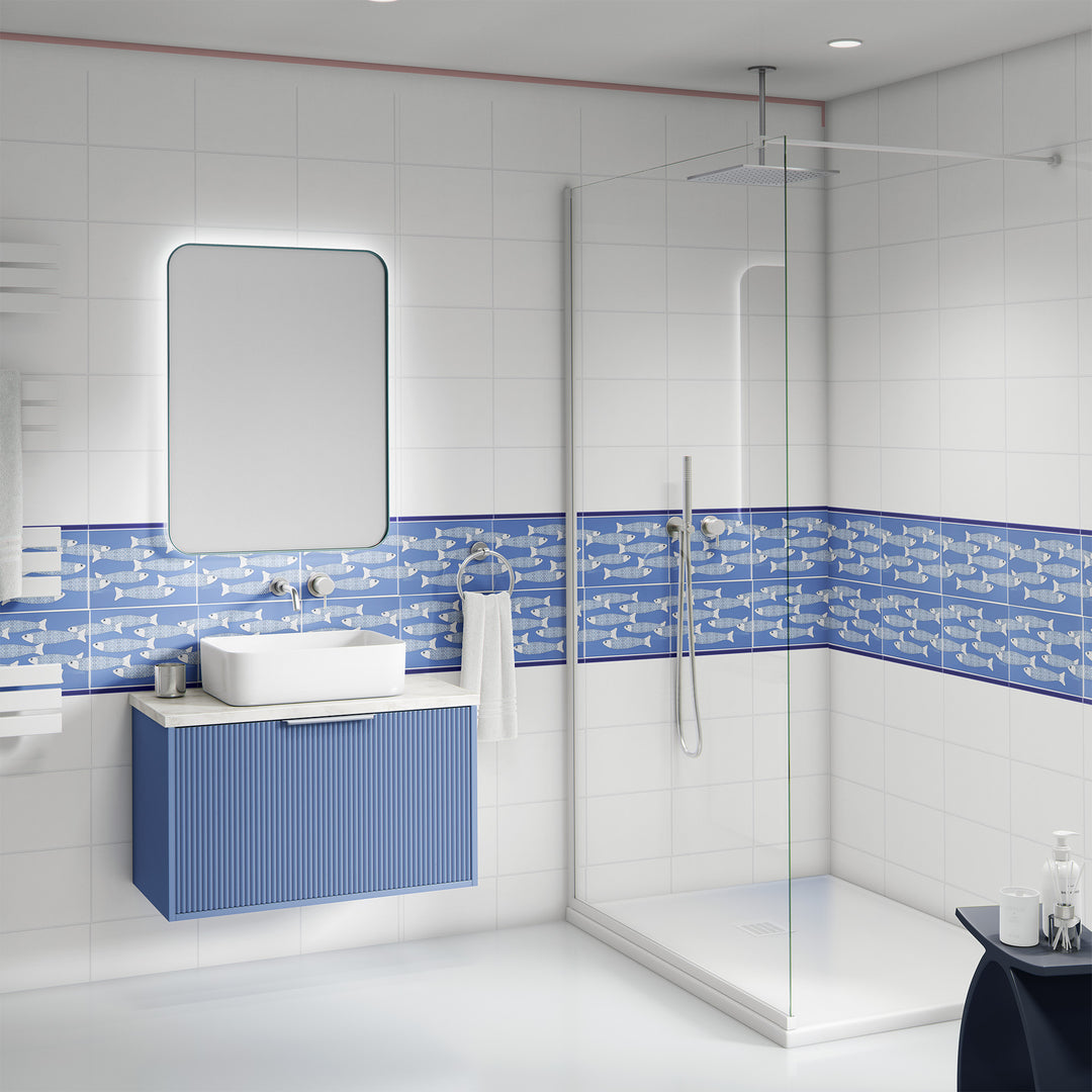 Ocean Shoal tile - Mid-blue BORDER - FIRED INK Version