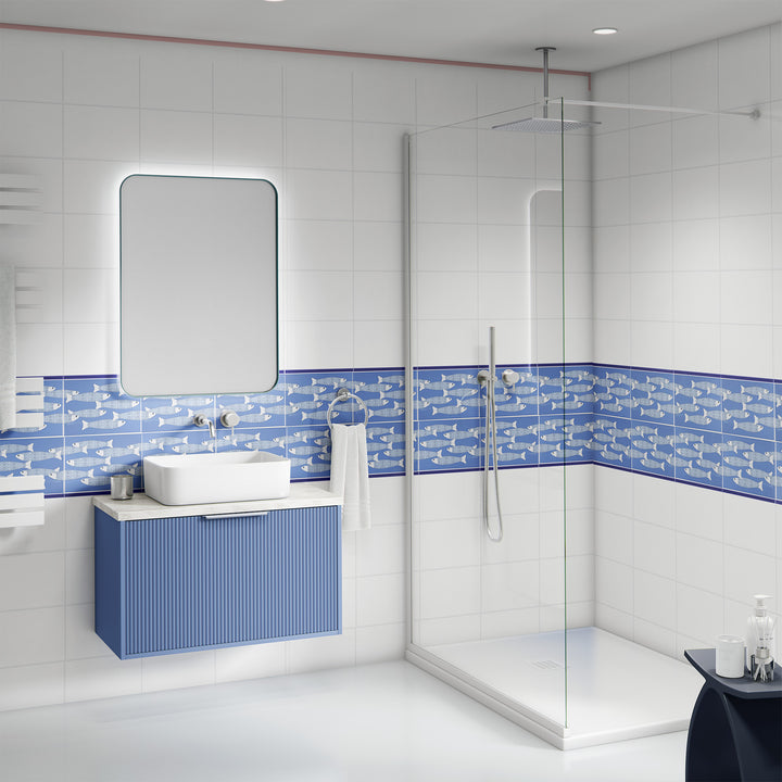 Ocean Shoal tile - Mid-blue BORDER - FIRED INK Version