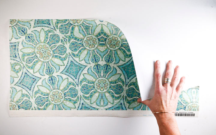 Sale - Aqua Pomegranate - Grasscloth Wallpaper Sample